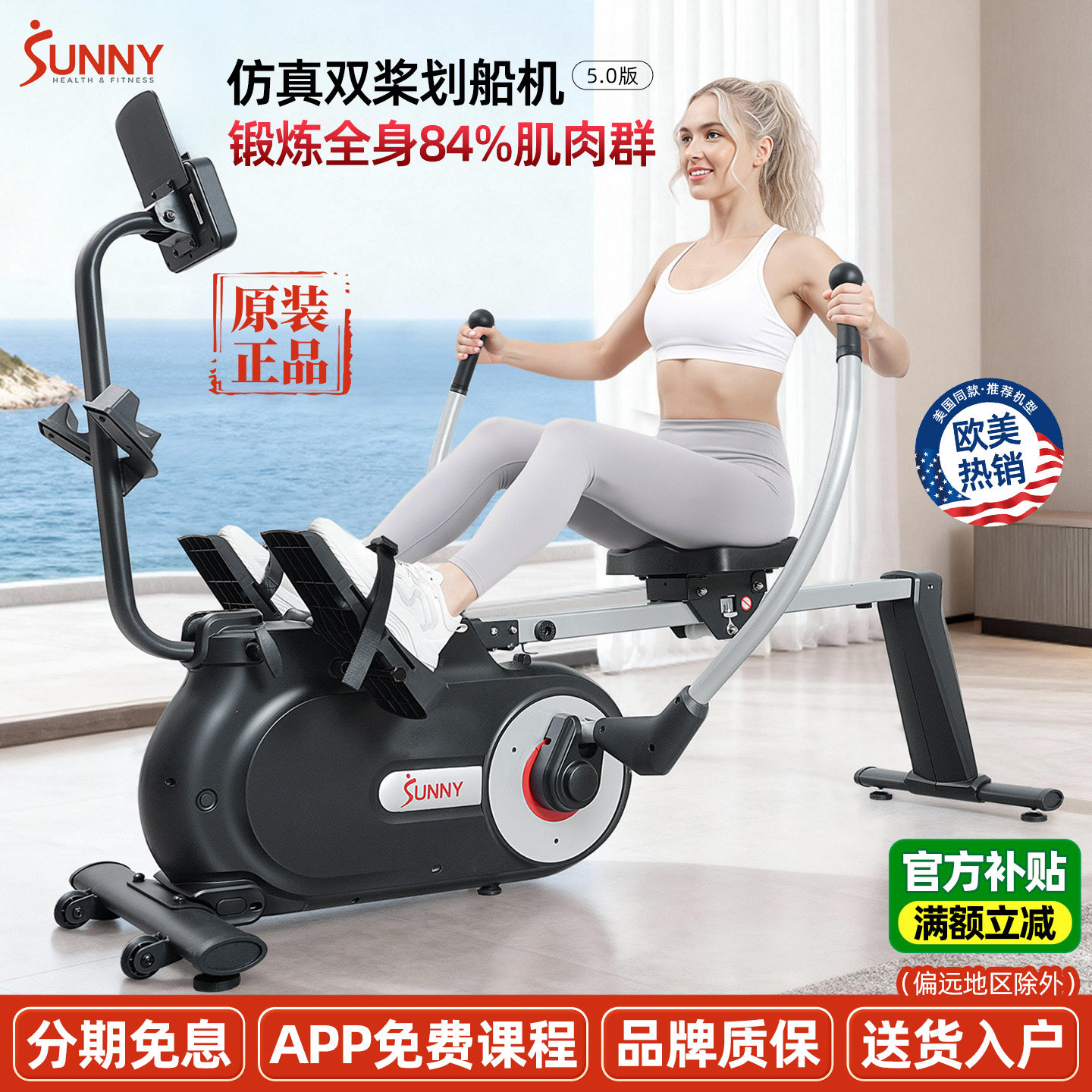 美国SUNNY双桨划船机家用健身器材室内减肥静音可折叠锻炼肩颈背