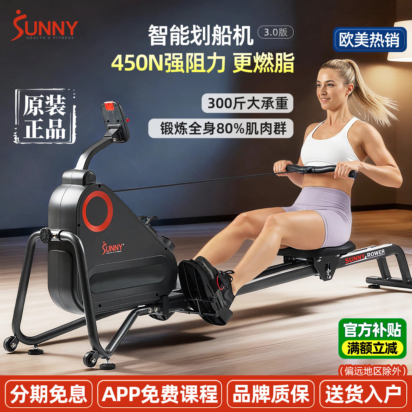 美国SUNNY划船机家用小型健身器材室内减肥运动器械燃脂超强阻力