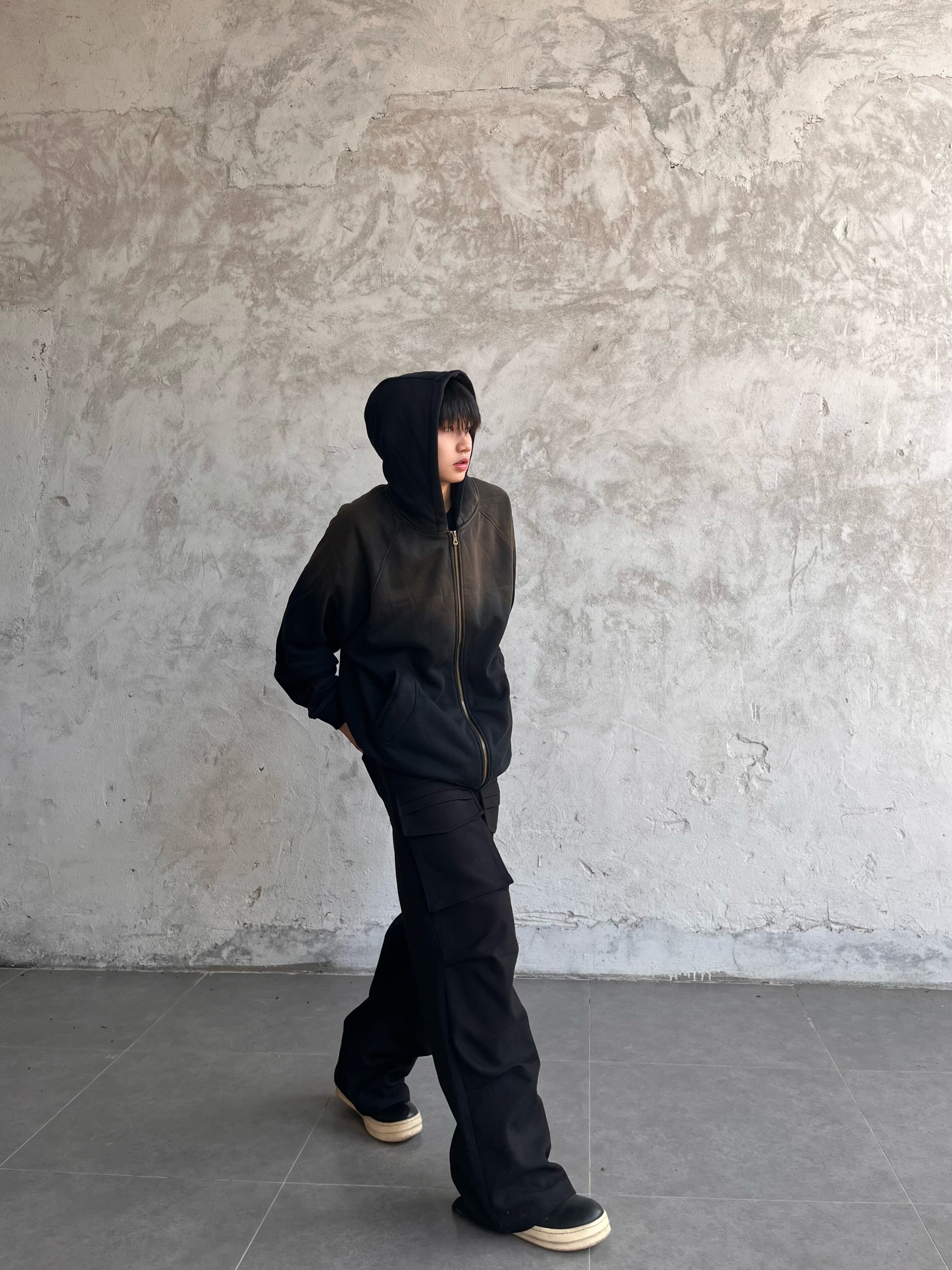 RABBIT.B YONIK 헤비 워시 그래디언트 하이웨이트 헤비 벨벳 후드 루즈 지퍼 스웨트셔츠 재킷