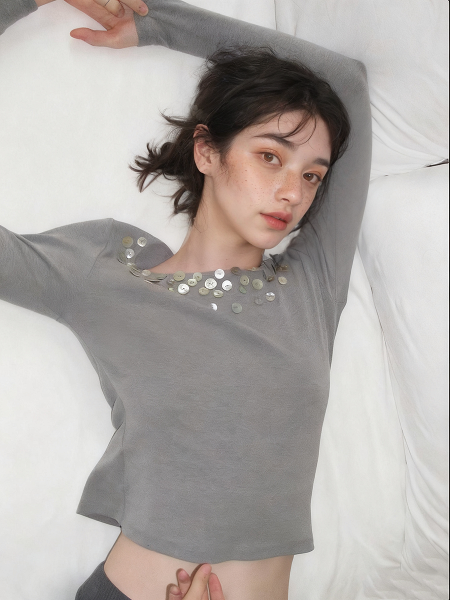 thumbnail for [Spot] cotton acrylic blend niche design handmade shell buckle decoration elastic slim short T-shirt