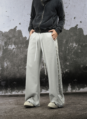 FLAME ONG 美式复古拼接珍珠设计感抽绳松紧腰休闲卫裤男宽松小众