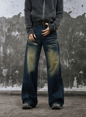 FLAME ONG 美式复古做旧水洗设计感猫须牛仔裤男宽松阔腿百搭长裤