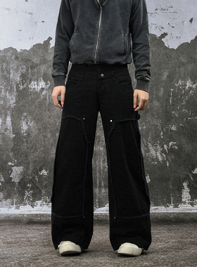 FLAME ONG 美式街头拼接双腰头解构毛边水洗廓形工装裤男宽松百搭