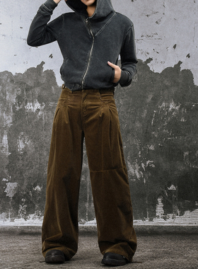 FLAME ONG 美式复古灯芯绒压皱做旧水洗休闲裤男宽松小众百搭显瘦