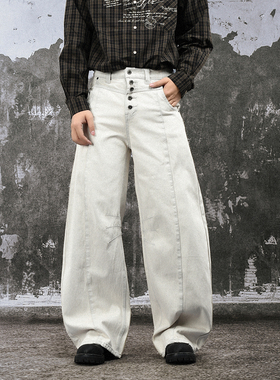FLAME ONG 美式复古松紧腰排扣水洗解构阔腿裤男宽松小众直筒潮牌