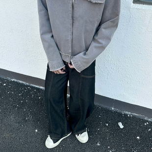 复古十字架刺绣豹纹拼接弯刀牛仔裤 美式 男宽松百搭高街 ONG FLAME