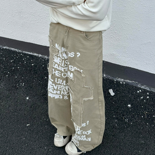 牛仔裤 FLAME 复古字母印花十字架贴布拼接宽松百搭男工装 美式 ONG