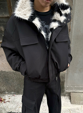 FLAME ONG 美式复古斑马纹座山雕加厚保暖棉衣外套男冬季宽松潮