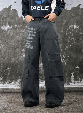 FLAME ONG 美式复古设计感小众字母印花大口袋工装裤男宽松直筒潮