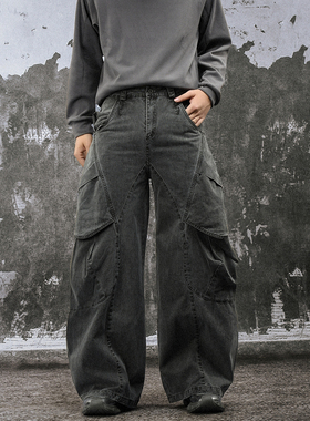 FLAME ONG 美式复古水洗做旧多口袋解构纯色阔腿弯刀裤男宽松百搭