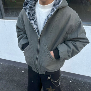 复古水洗豹纹绒毛领宽松外套男宽松百搭连帽外套潮 美式 FLAME ONG