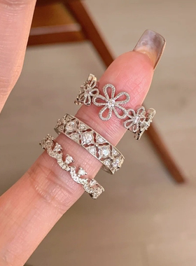 甄媛银饰蕾丝镂空五瓣花戒指女