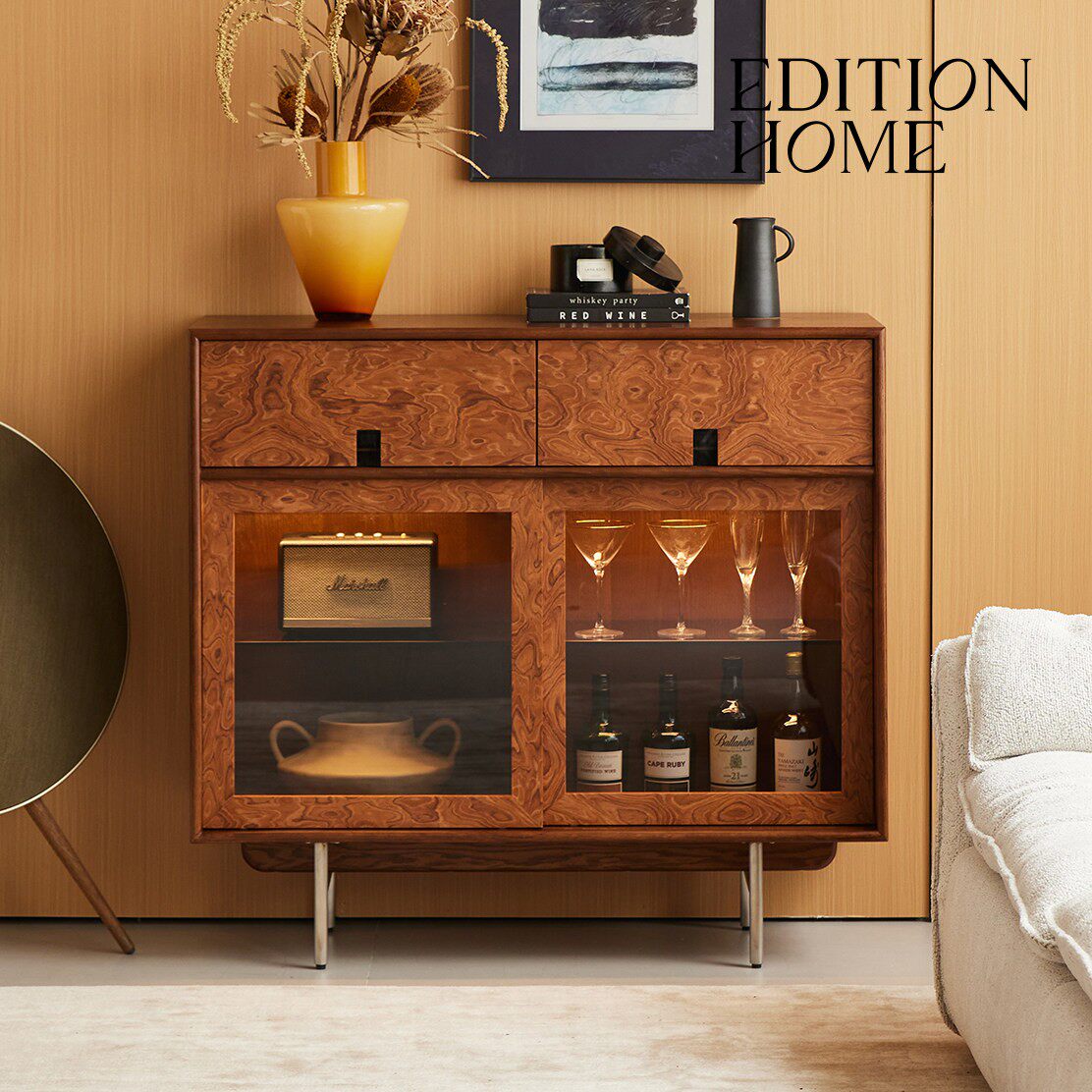 复古老钱风餐边柜客厅靠墙一体储物柜中古复古餐厅实木收纳柜子