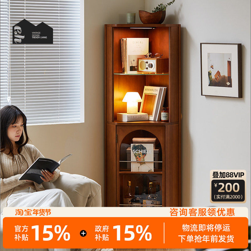 复古风实木转角柜小户型客厅墙角柜沙发边柜复古卧室收纳储物柜