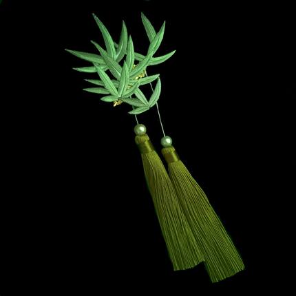 竹子仿缠花掩鬓清新刺绣简款竹叶珍珠流苏发夹古风边夹步摇头饰品
