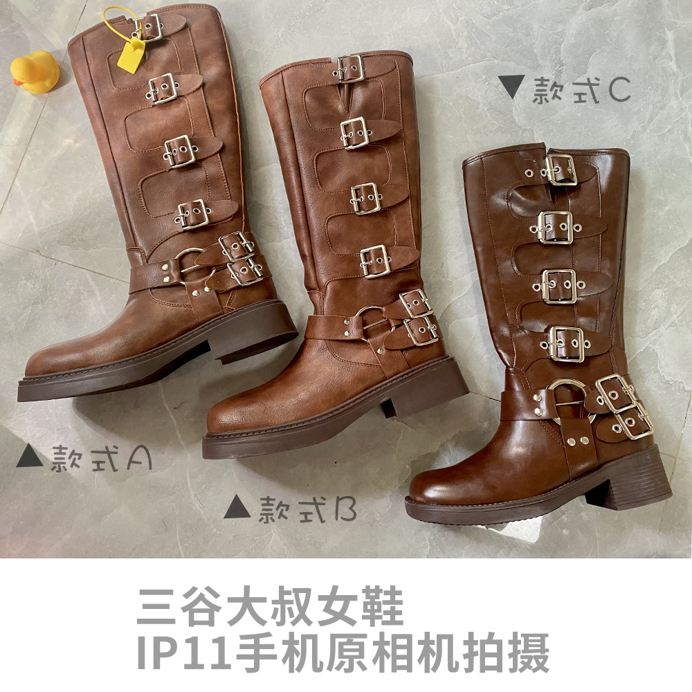 百搭粗跟miu家同款擦棕色骑士西部牛仔靴马丁靴女2023真皮长筒靴