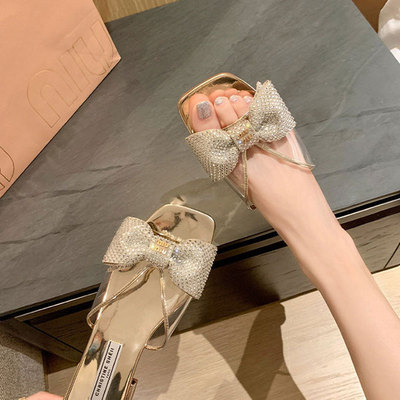 苏yinyin同款 仙女miu~欧美方头透明pvc水钻蝴蝶结平底拖鞋女凉拖