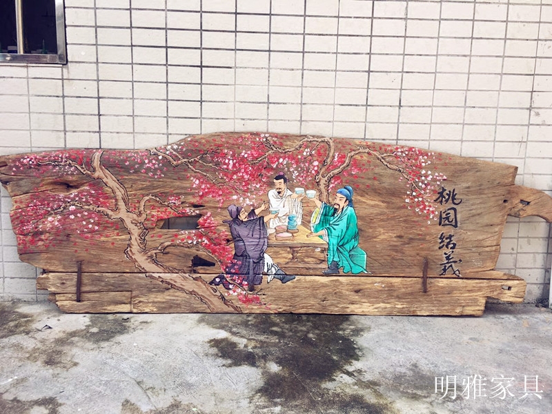 桃园结义手绘木板画新中式复古家居客厅装饰画茶道图案风化木挂画
