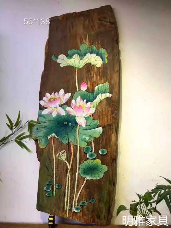 禅意荷花风化木板画客厅墙面装饰画卧室餐厅沙发挂画复古手绘樟木图片