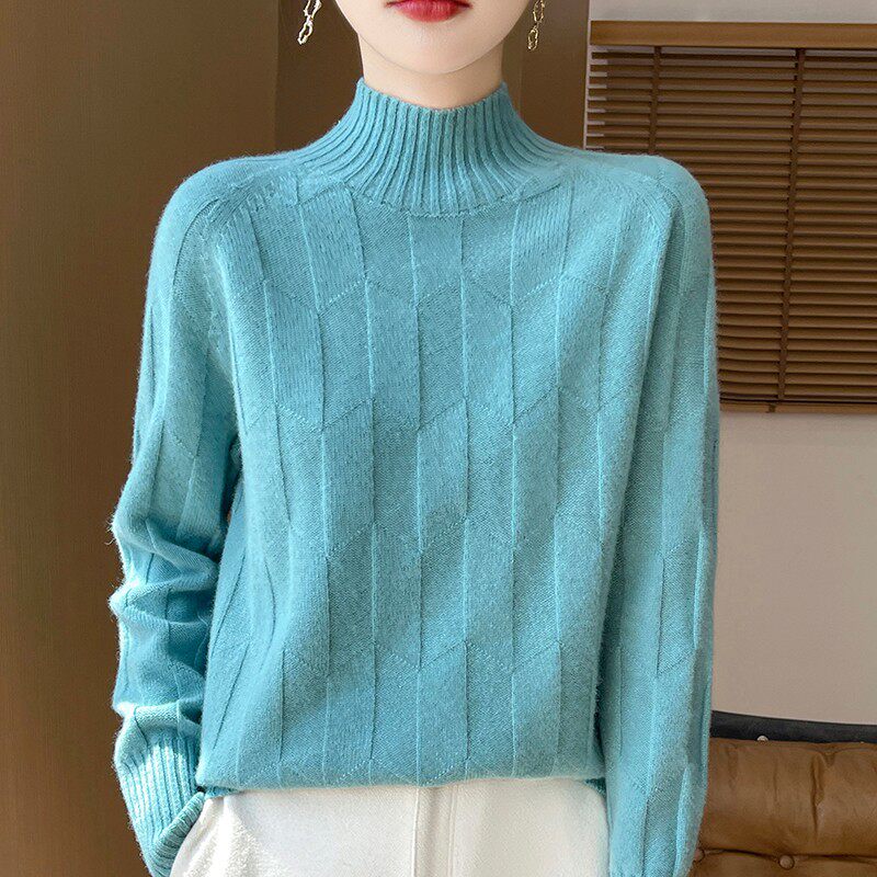 高领麻花纹针织衫女宽松百搭毛衣蓝色长袖上衣
