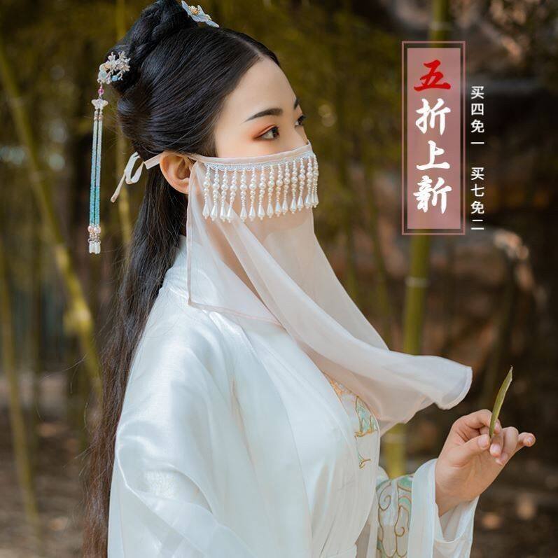 古装汉服配饰斗笠面纱古风遮脸挂耳流苏遮面雪纺防晒复古超仙蒙面