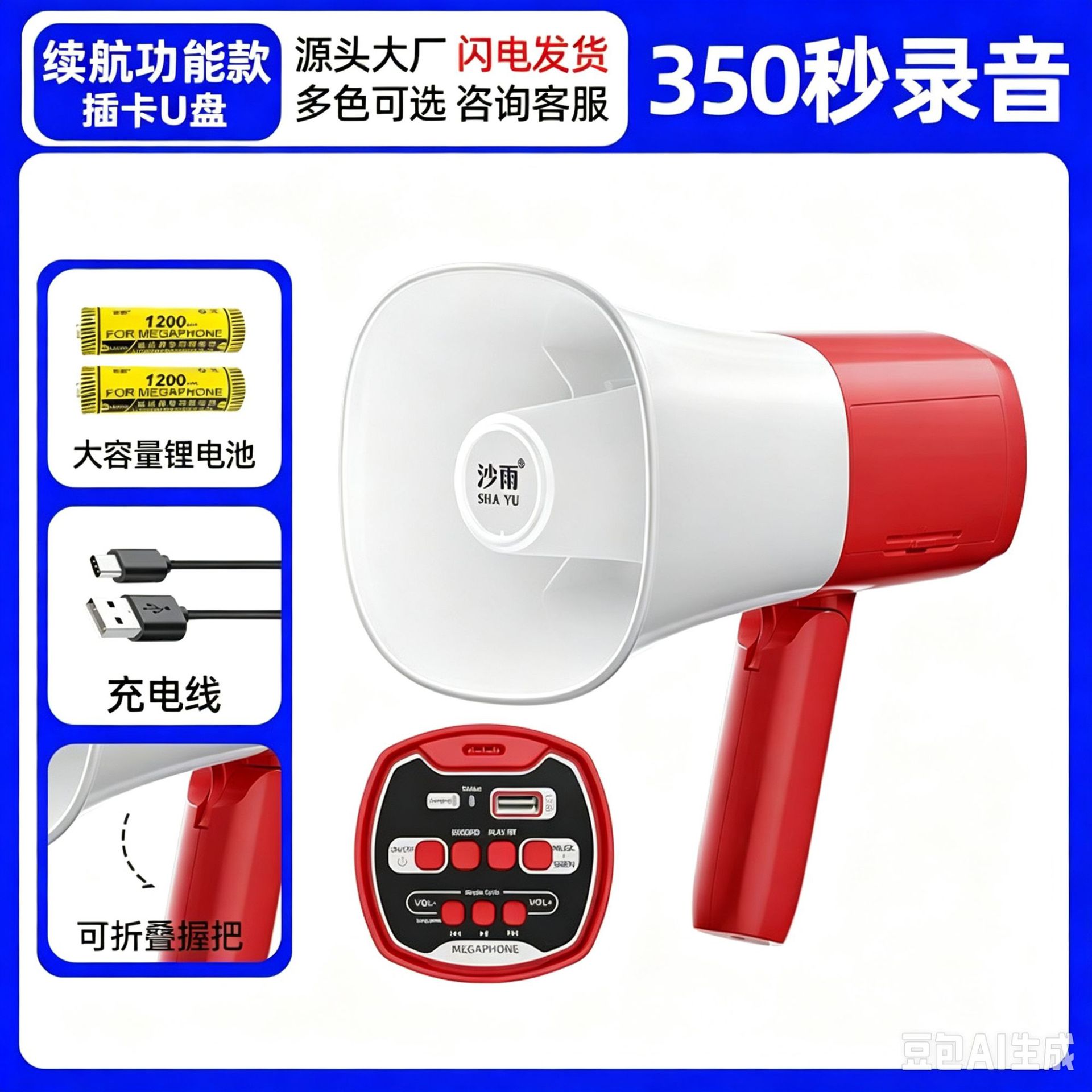 便携式大功率喊话器蓝牙地摊叫卖摆摊手持喇叭锂电池充电录音户外