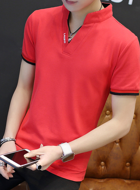 红色夏装2023潮流新款短袖男士t恤潮牌V领纯棉韩版立领上衣服夏天