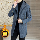 男士 加棉加厚连帽毛呢大衣男痞帅外套 潮流呢子冬季 风衣中长款 韩版
