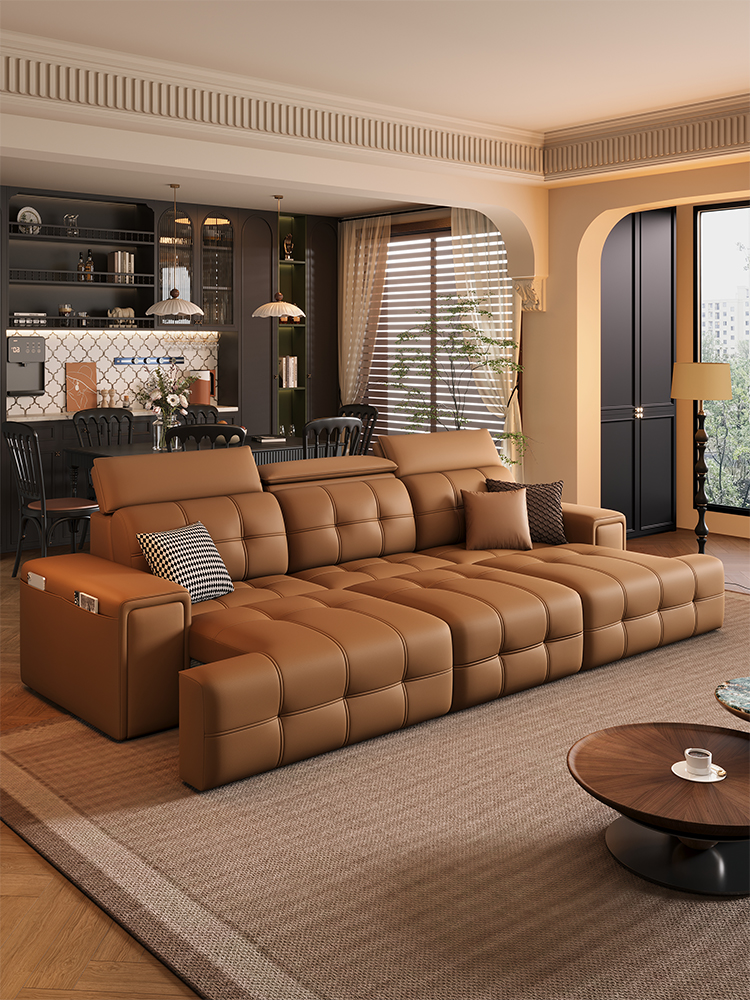 电动沙发床功能真皮客厅可躺可睡可伸缩可调节新款三人位直排棕色