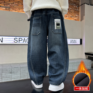 男童加绒裤子儿童牛仔裤春秋冬新款中大童高腰长裤直筒加厚男孩潮