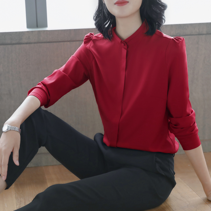 2021 Spring new pattern Long sleeve lady Stand collar shirt Korean Edition shirt Easy Large Chiffon Primer Trend jacketin the Women's clothing/Boutique , Shirt  category - from Buy2taobao.com to provide professional Taobao agent buy service