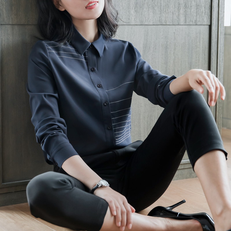 2019秋装新款长袖雪纺白衬衫女韩版宽松条纹黑色衬衣职业打底上衣热销401件有赠品