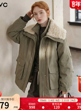 dfvc仿羊羔毛大翻领中长款羽绒服女2025冬季新款白鸭绒工装派克服