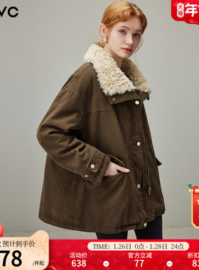 dfvc复古休闲短款外套女2025年冬季新款仿羊羔毛翻领宽松保暖外套