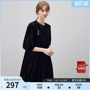 宽松七分袖 2026新款 小黑裙娃娃裙 丝绒连衣裙女春季 dfvc黑色新中式