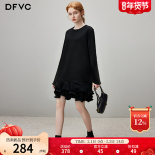 dfvc黑色气质简约冬装连衣裙女2025年冬季新款荷叶边小个子打底裙