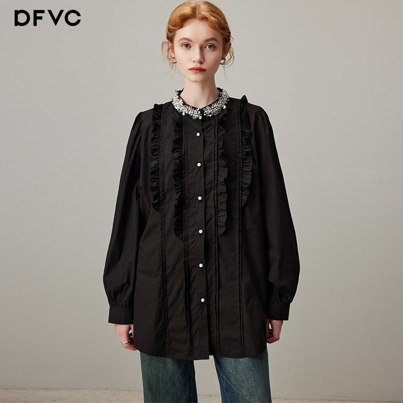 dfvc黑色纯棉长袖衬衫女2025年秋季新款钉珠木耳边宽松显瘦衬衣薄