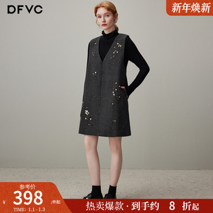 dfvc羊毛V领背心裙高领针织打底衫女2025年冬季新款连衣裙两件套