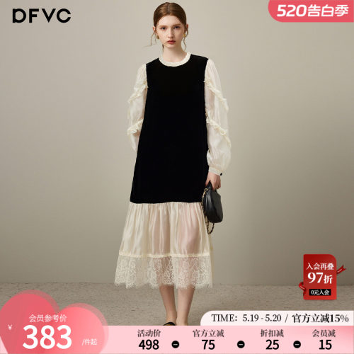dfvc黑色人丝丝绒长袖连衣裙