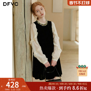 dfvc名媛风撞色拼接丝绒连衣裙女2026春季新款钉珠长袖裙子小黑裙