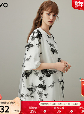 dfvc设计感白色短袖T恤女2026年春季新款蝴蝶网纱圆领宽松上衣