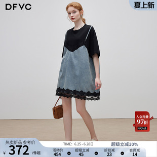 dfvc假两件牛仔吊带裙拼接T恤裙女2026新款夏季宽松小个子连衣裙