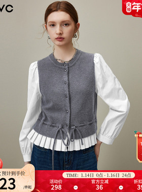 dfvc韩版灰色假两件长袖衬衫女2026年春季新款设计感针织拼接上衣