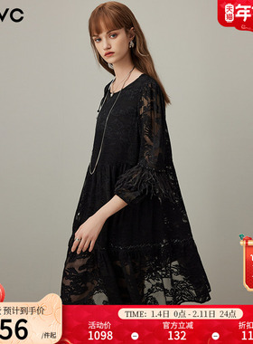 dfvc黑色复古真丝长袖连衣裙女2026年春季新款剪花流苏宽松裙子