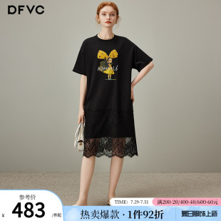 dfvc黑色印花短袖 蕾丝拼接显瘦中长连衣裙 T恤裙女2025年夏季 新款