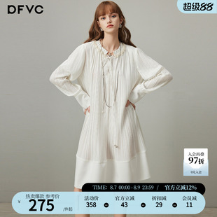 dfvc白色法式重工压褶长袖连衣裙女2026年夏季新款宽松中长款裙子