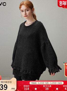 dfvc慵懒风中长款圆领毛衣女2025年冬季新款宽松温柔风羊毛针织衫