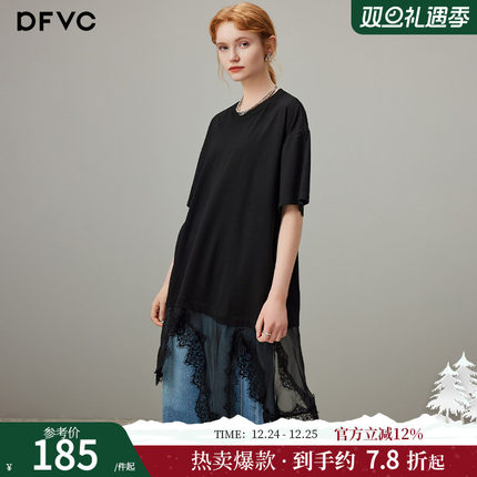dfvc黑色蕾丝拼接圆领短袖t恤女2025夏季新款设计感小众宽松上衣