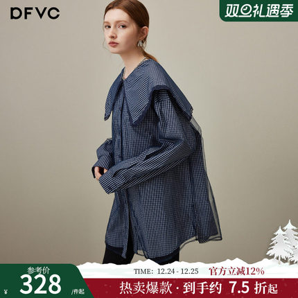 dfvc蓝色减龄海军领格子长袖衬衫女2025年秋季新款网纱中长款上衣