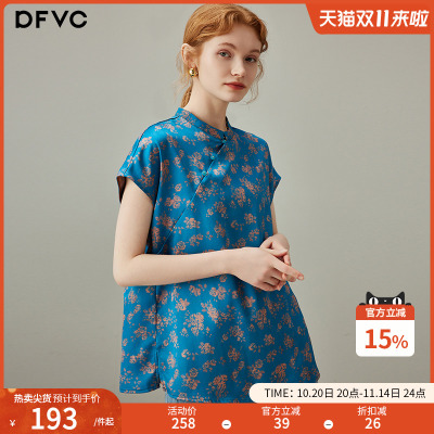 dfvc新中式国风碎花短袖衬衫立领